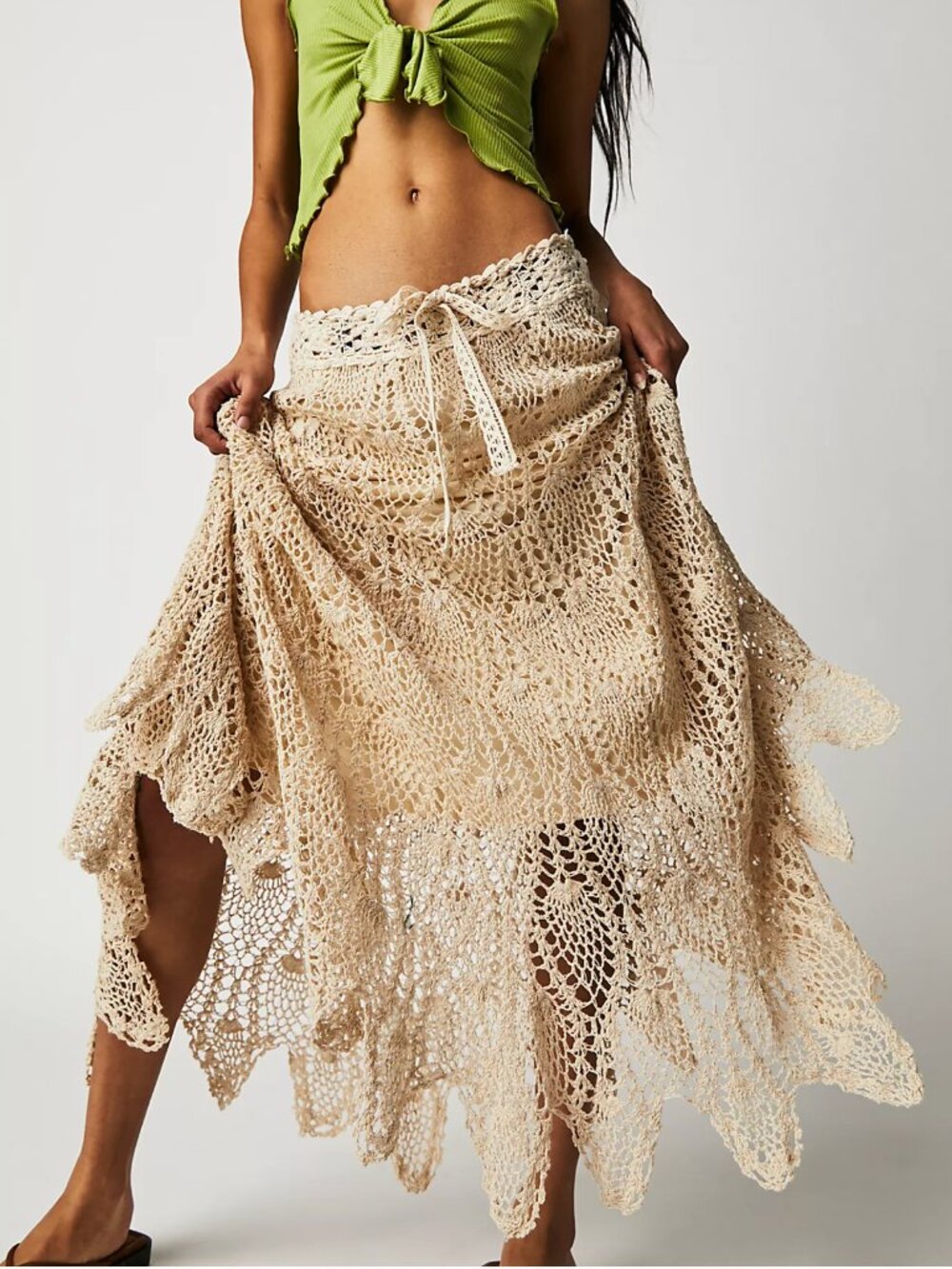 Free People Gardenia Crochet Maxi Skirt S Ivory Boho Festival Cotton Rare